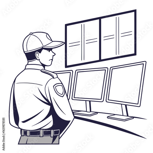 Security guard wearing a cap and uniform monitors multiple screens in a control room