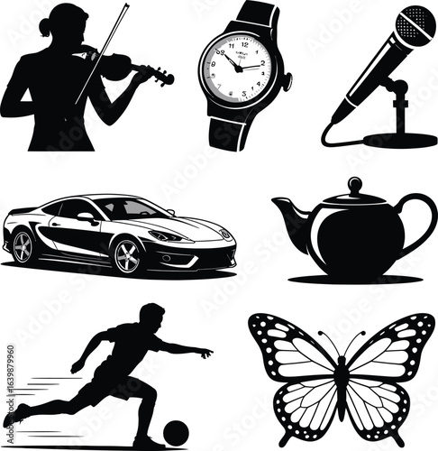 Black Silhouettes of Musician, Watch, Microphone, Car, and Butterfly violinist sports car
