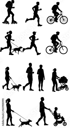 Active silhouettes showcase diverse outdoor pursuits including rollerblading, running, cycling, dog walking, and pushing strollers, embodying healthy lifestyle choices.