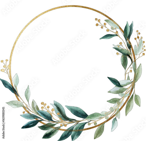 Round gold frame wreath with teal and olive-toned leaves