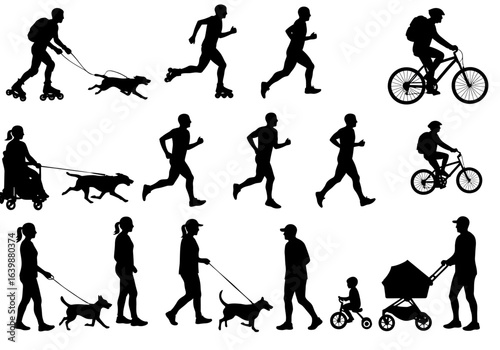 Dynamic silhouettes capture active lifestyles from rollerblading and running to cycling, dog walking, and family outings, showcasing vibrant movement and everyday adventures.