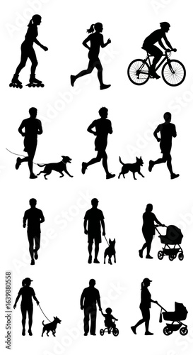 Dynamic silhouettes capture active lifestyles featuring rollerblading, running with dogs, cycling, and family outings with strollers and toddlers