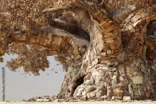 Ancient Book Tree:  A surreal artwork depicting a massive tree formed entirely of old books, with leaves falling in a serene landscape.