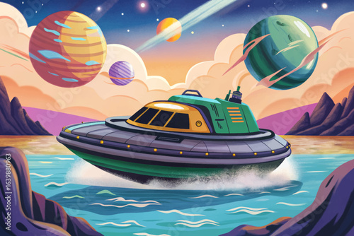 Alien hovercraft glides smoothly across extraterrestrial oceans, featuring futuristic design, glowing lights, and advanced propulsion, ideal for sci-fi art, space exploration concepts