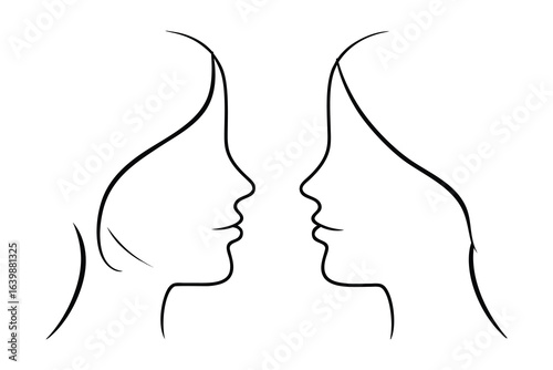 Two minimalist line drawings female profiles facing each other woman face