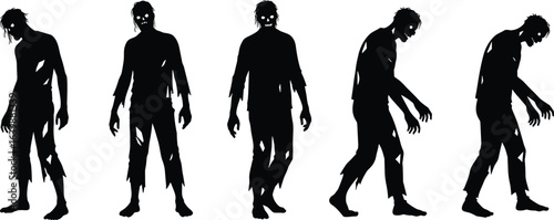 Creepy zombie silhouettes, undead walking, horror figures, scary tattered clothing, Halloween theme, scary Halloween monsters, horror silhouettes