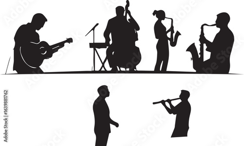 Live Jazz Music Band Playing Instruments, Silhouettes of Musicians

