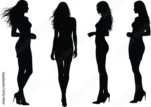 Silhouettes of stylish women with flowing hair, high heels, multiple side and front poses, fashion, elegance, beauty, modeling