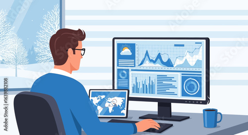 Analyzing Data With Charts And Graphs On Computer Winter Scene Outside