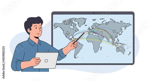 Global Aviation Map On Tablet Presented By A Man Cartoon Style