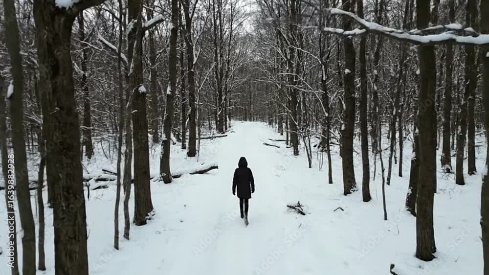 Figure walks snowcovered path amid bare trees in a winter forest shrouded in a dark coat and hood Figure walks snowcovered path amid bare trees in a winter forest shrouded in a dark coat and hood