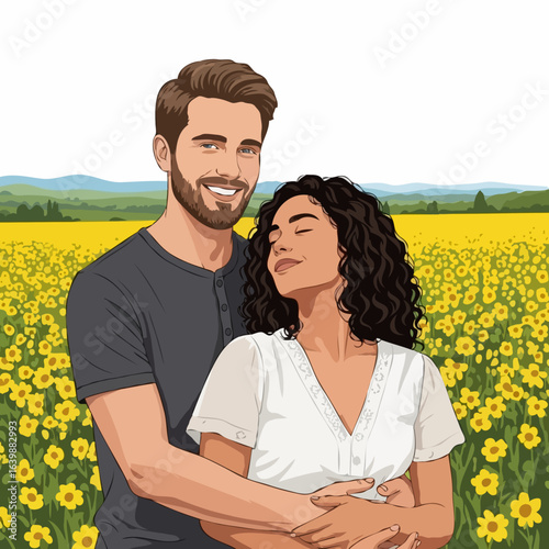 Happy romantic couple affectionately hugging in a field of yellow sunflowers