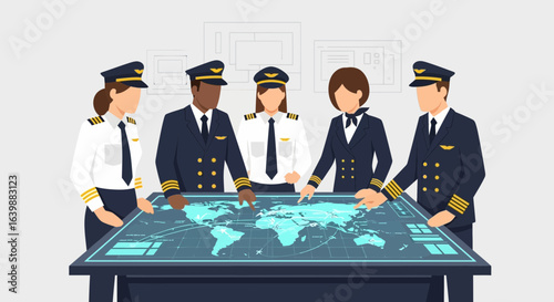 Aviation Professionals Teamwork At Interactive World Map Planning Routes
