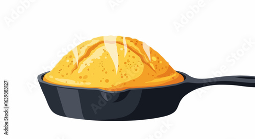 Appetizing illustrated golden yellow cornbread in a black cast iron skillet for southern cooking with copy space