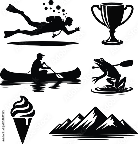 Silhouette Collection Of Outdoor Activities And Objects scuba diver canoe