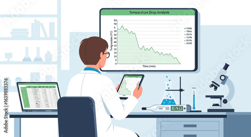 Scientist Analyzing Temperature Data In a Laboratory Setting Cartoon Style
