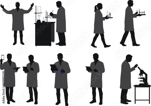 Scientists working in laboratory silhouette, men and women in lab coats, research, experiment, microscope, chemistry, scientific study, healthcare concept