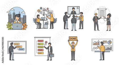 Business People Working Together in Various Scenarios Cartoon Style Illustration