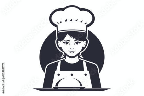 Chef Icon Silhouette with Uniform and Hat in Outline on White Background