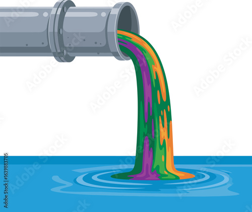 Toxic waste spills from industrial pipe into water body.