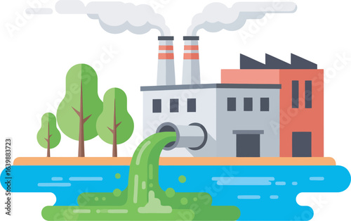 Illustration depicting a factory emitting pollution into a body of water, harming the environment.