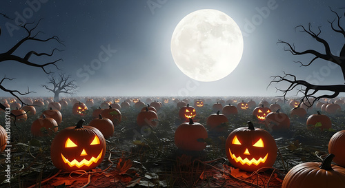 A spooky halloween night with a field of jack o lanterns under a bright full moon and bare trees