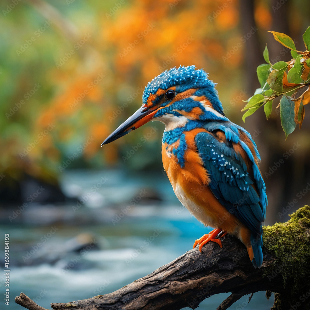 Naklejka premium Vibrant kingfisher perches on mossy branch beside flowing river in autumn