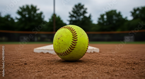 low-angle close-up of a softball on home plate, with focus on stitching and dirt particles. Concepts for baseball, softball, sports, game, sport, action, competition, inning, outdoors.
