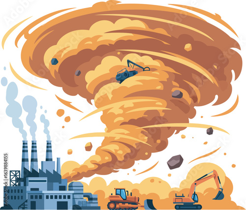 A powerful dust devil engulfs construction equipment and a factory, depicting environmental devastation.
