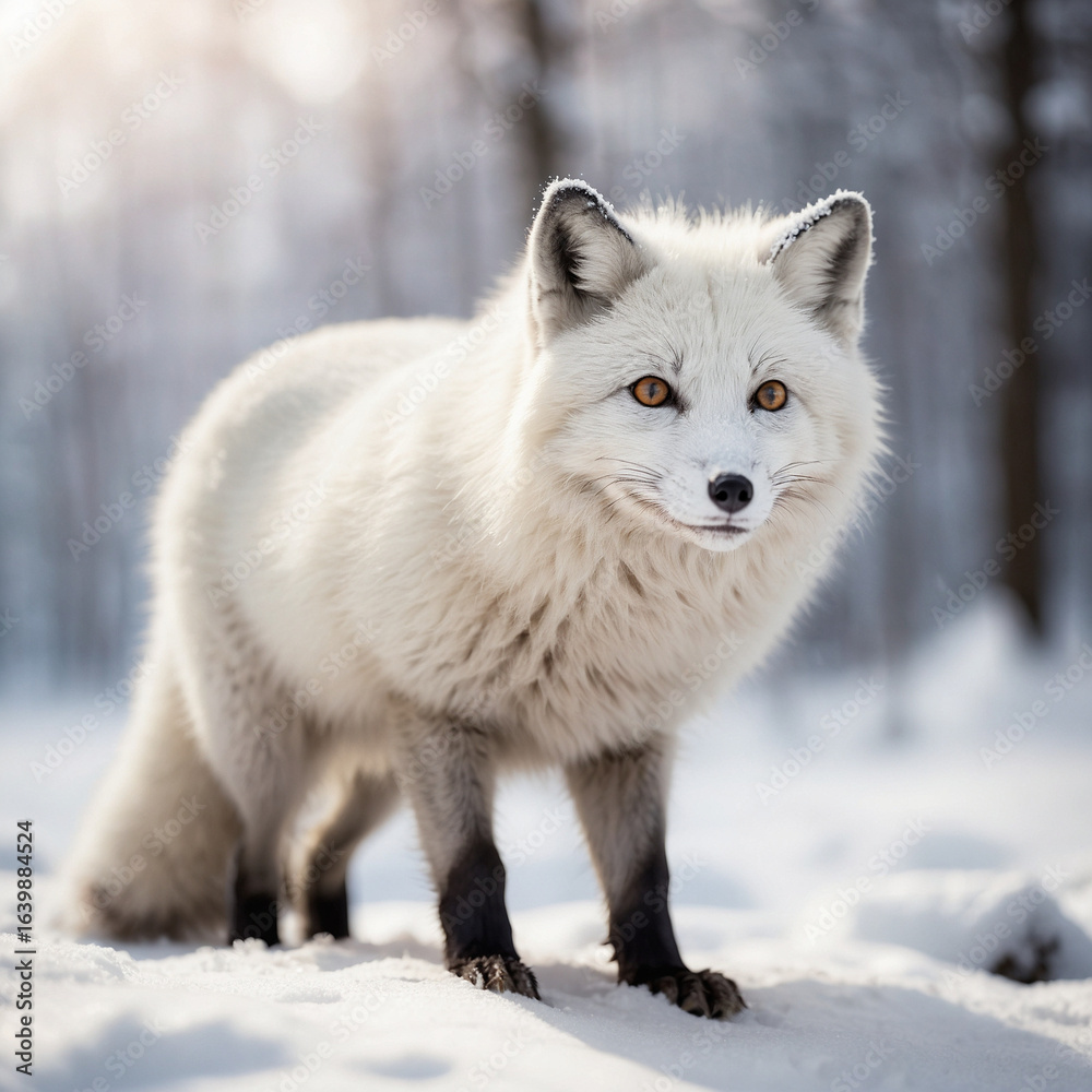 Obraz premium Stunning white fox with amber eyes stands alert in a snowy forest