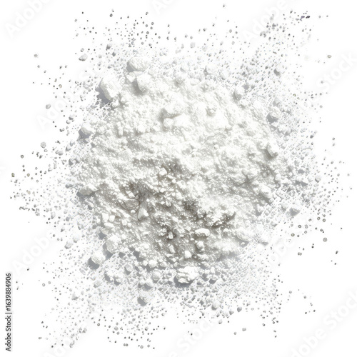 White powder, roughly textured,  spread in a blob against a black background
