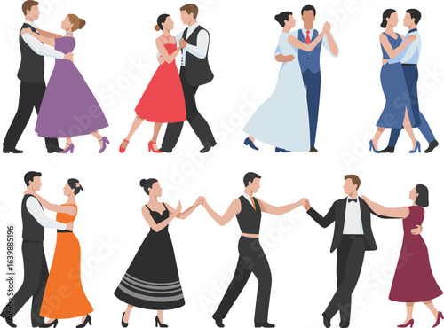 PrintBallroom dancing couples, elegant dance poses, vintage attire, classical dancers, romantic partner dance, waltz illustration, tango, swing, vector art