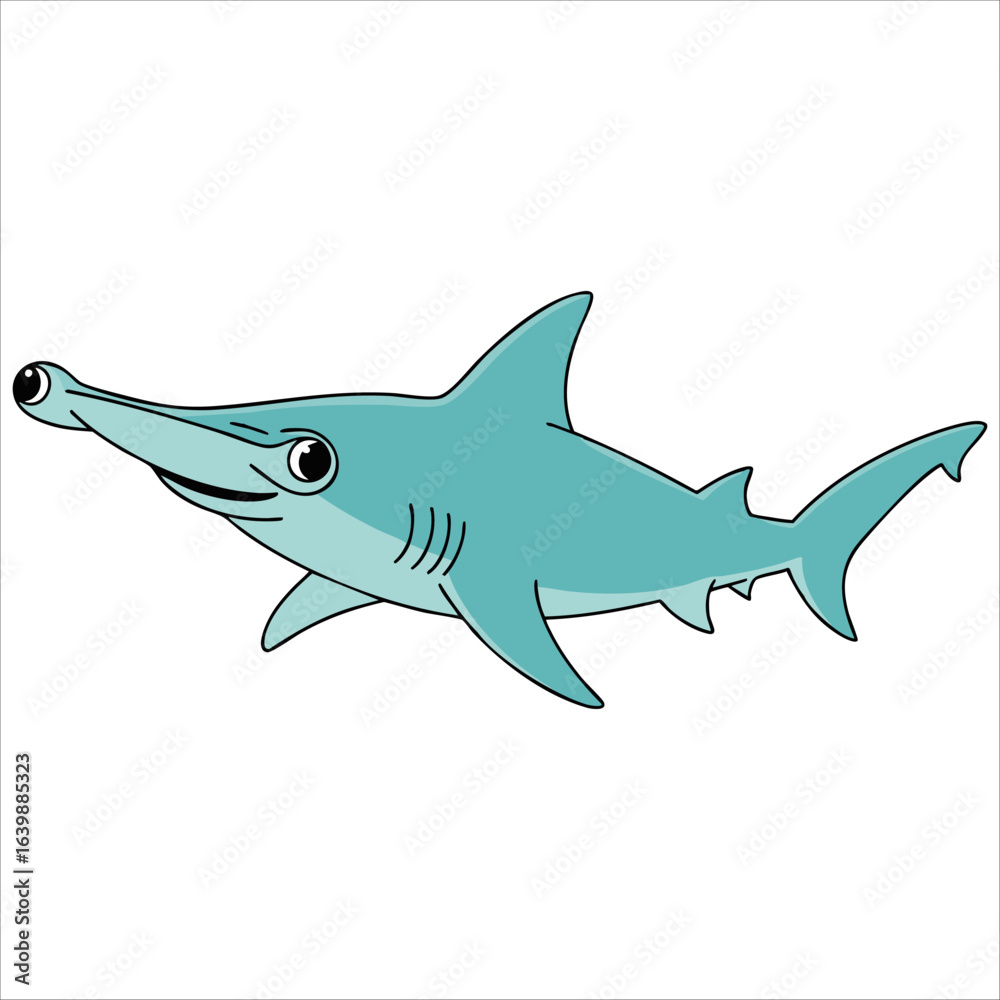 Obraz premium Flat vector cartoon of hammerhead shark, isolated sea creature illustration ideal for ocean world visuals, underwater life and cute animal themes