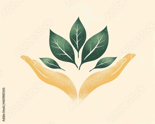Hands nurturing green leaves symbolizing growth and nature conservation in a minimalist style