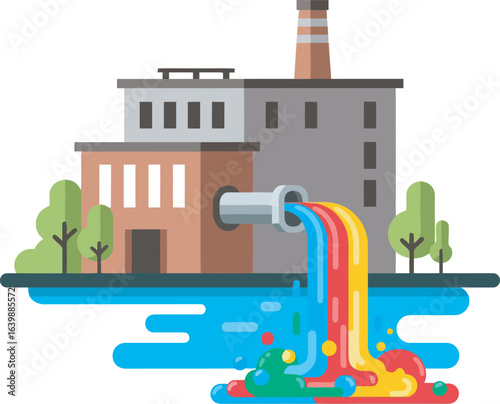 Factory discharging colorful liquid waste into a river, depicting environmental pollution.