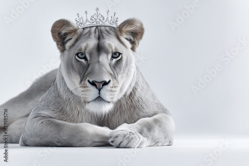 A majestic lioness adorned with a silver tiara, exuding regality and strength. She gazes forward, embodying elegance and power.