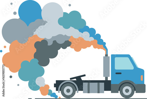 A stylized illustration of a truck emitting various colored plumes of smoke, suggesting pollution.