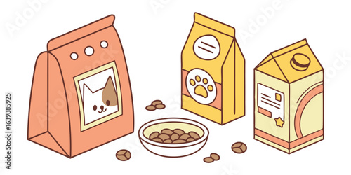 Cute Cartoon Cat Food Packaging: Dry Kibble, Wet Food, Milk Carton, Bowl