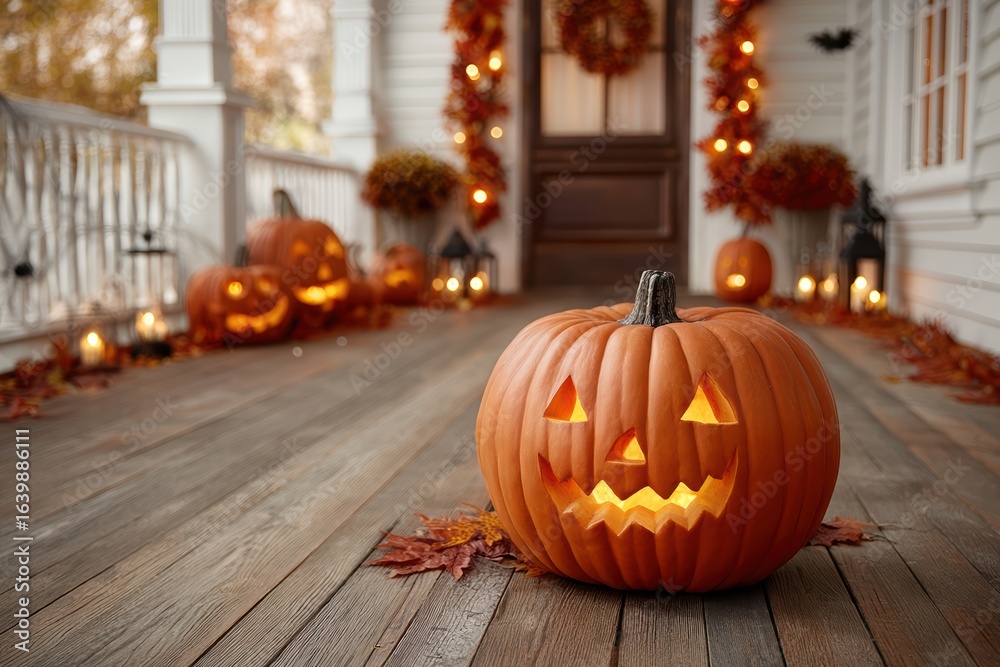 Fototapeta premium Celebrate Halloween with crafted JackoLanterns and vibrant autumn leaves for warmth