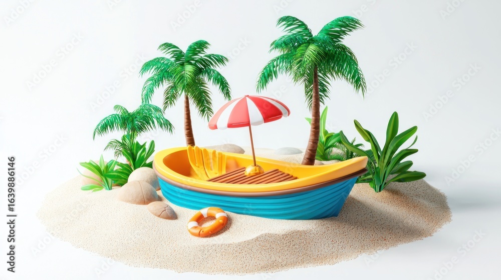 Obraz premium A colorful boat with a red and white striped umbrella and palm trees on a sandy beach with rocks and plants.