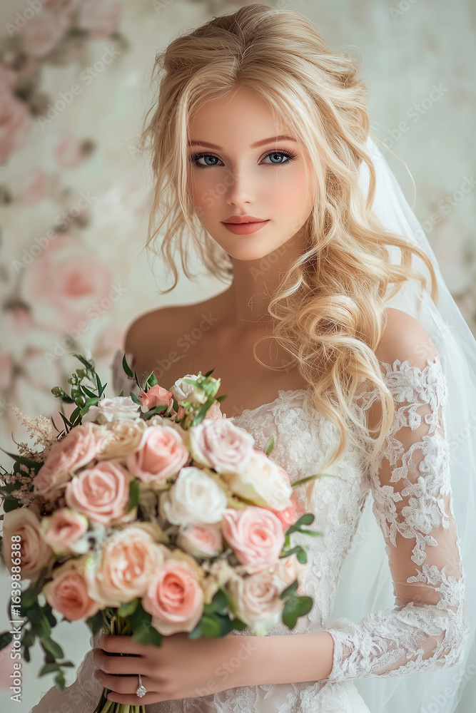 Naklejka premium Beautiful Romantic Blonde Bride with Flowers