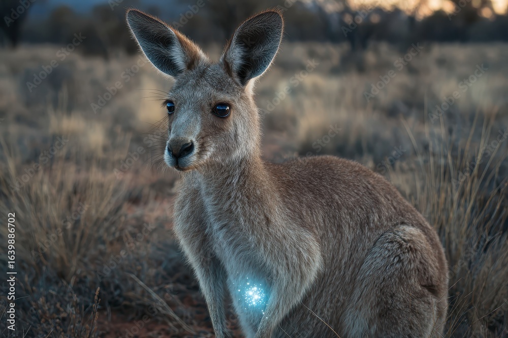 Fototapeta premium Australian Kangaroo in Dusk, Glowing Mark on Fur