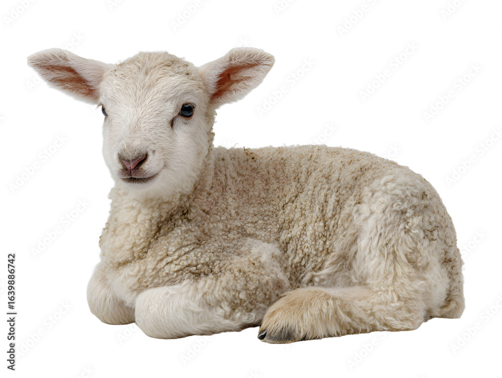 Obraz premium A small lamb with white wool lying down on a white background looking to the right of the frame