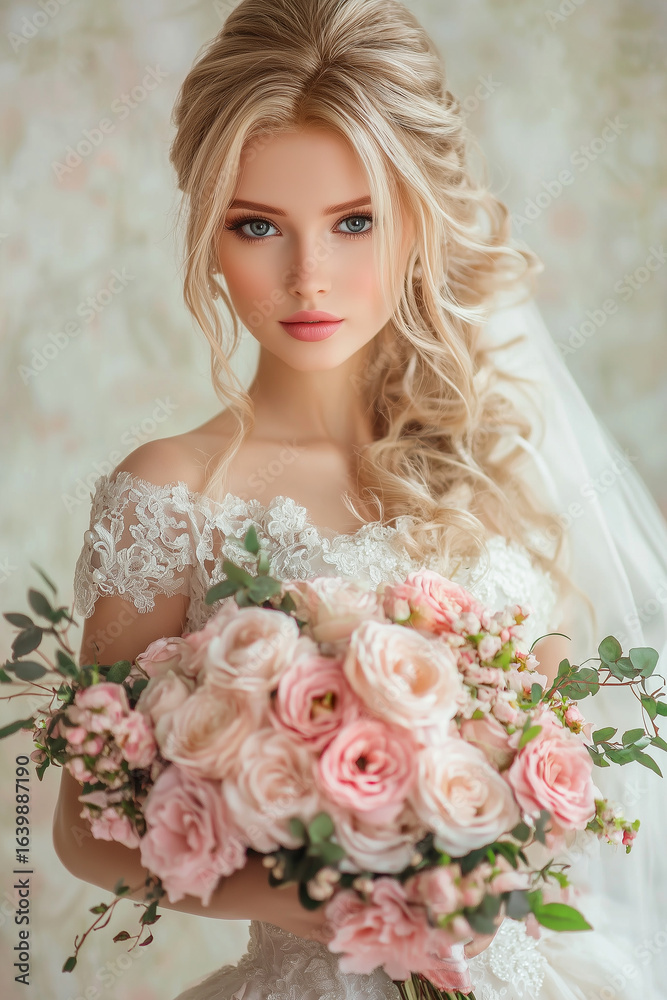 Naklejka premium Beautiful Romantic Blonde Bride with Flowers