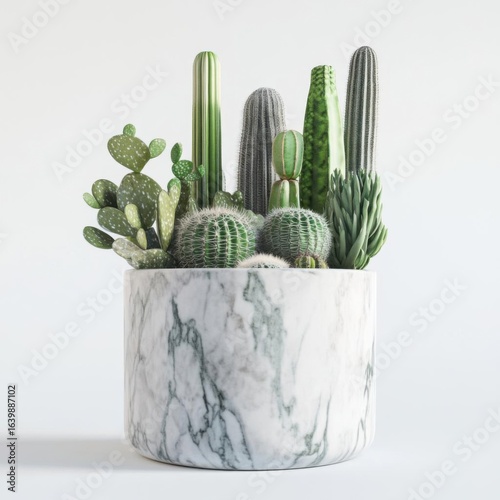 Vibrant cactus arrangement in a marble pot.