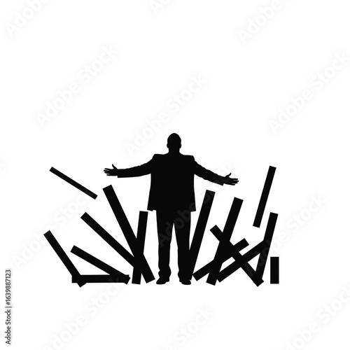 Silhouette of a man in a suit standing with arms outstretched amidst falling bars
