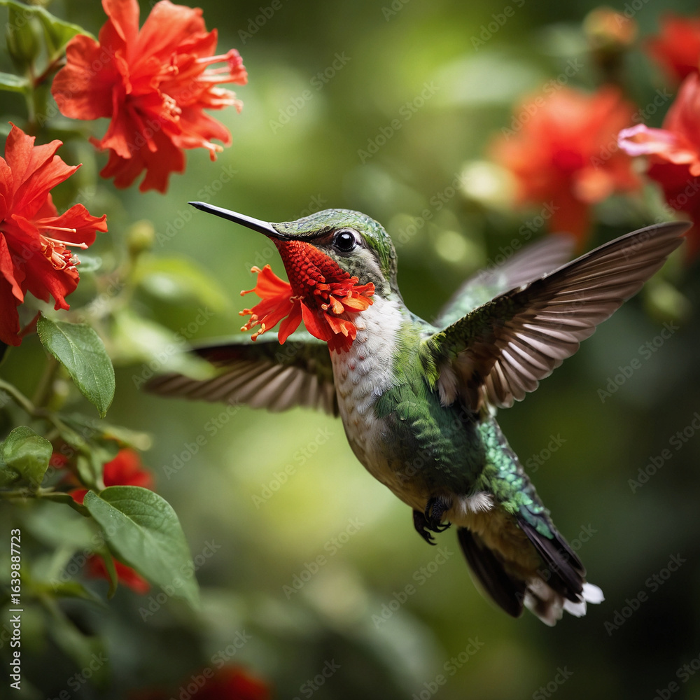 Obraz premium Vibrant hummingbird sips nectar from bright red hibiscus flower in flight