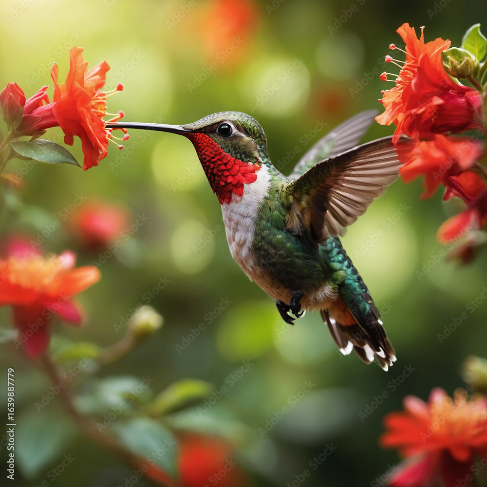 Obraz premium Stunning hummingbird sips nectar from vibrant orange flower in sunlit garden