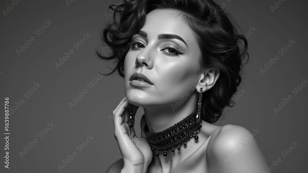 Obraz premium Elegant portrait of woman with curly hair, wearing statement jewelry, showcasing beauty and confidence in black and white tones