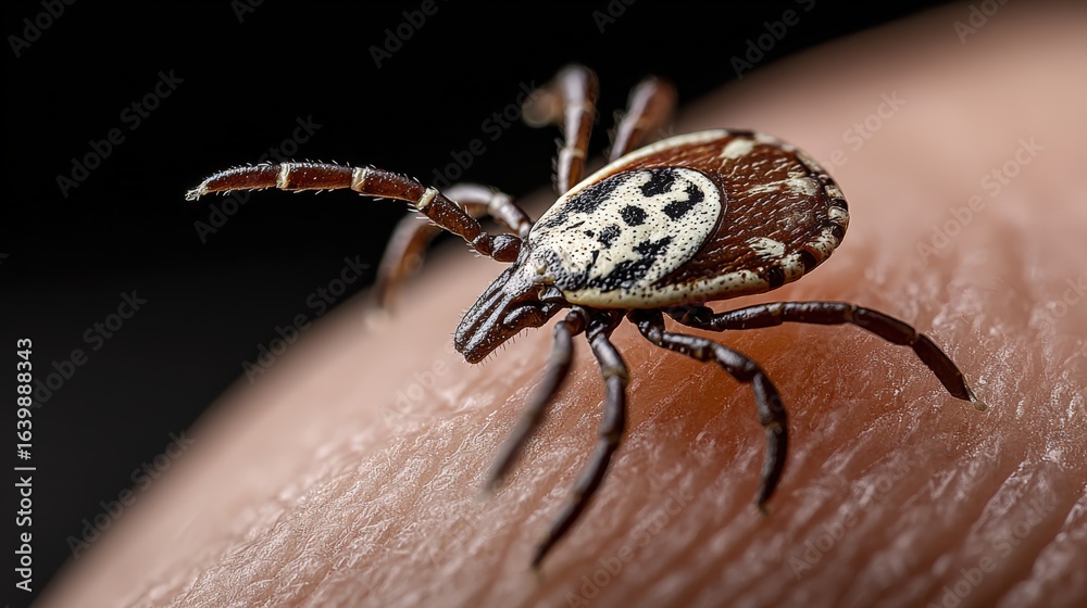 Obraz premium Detailed view of tick attachment on human skin highlighting Lyme disease risk
